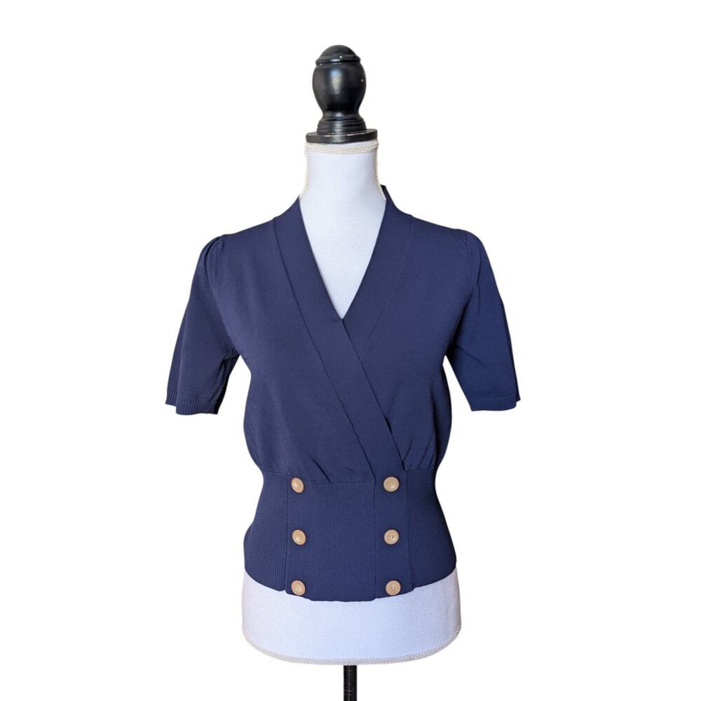 Paisie Navy Blue Button Front Ribbed Waist V Neck Knit Top Size Medium Sweater
